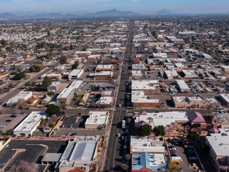 Afternoon aerial view of downtown Glendale, Arizona, USA